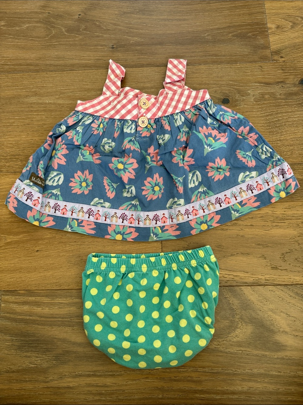 Matilda Jane Blue Floral Dress with Green Polka Dot Bloomers - Picture 4 of 4